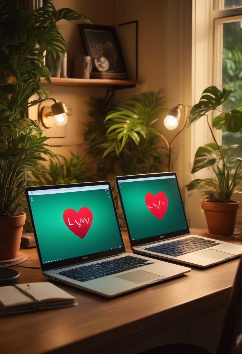 A couple sitting together at a cozy desk, both focused on their laptops, surrounded by symbols of love and security like hearts intertwined with padlocks and digital shields. The room is softly lit, filled with plants and romantic decorations, emphasizing a harmonious blend of technology and affection. Include a heart-shaped Wi-Fi signal emanating from the laptops, symbolizing secure connections in a digital age. super-realistic. warm tones. intimate atmosphere.