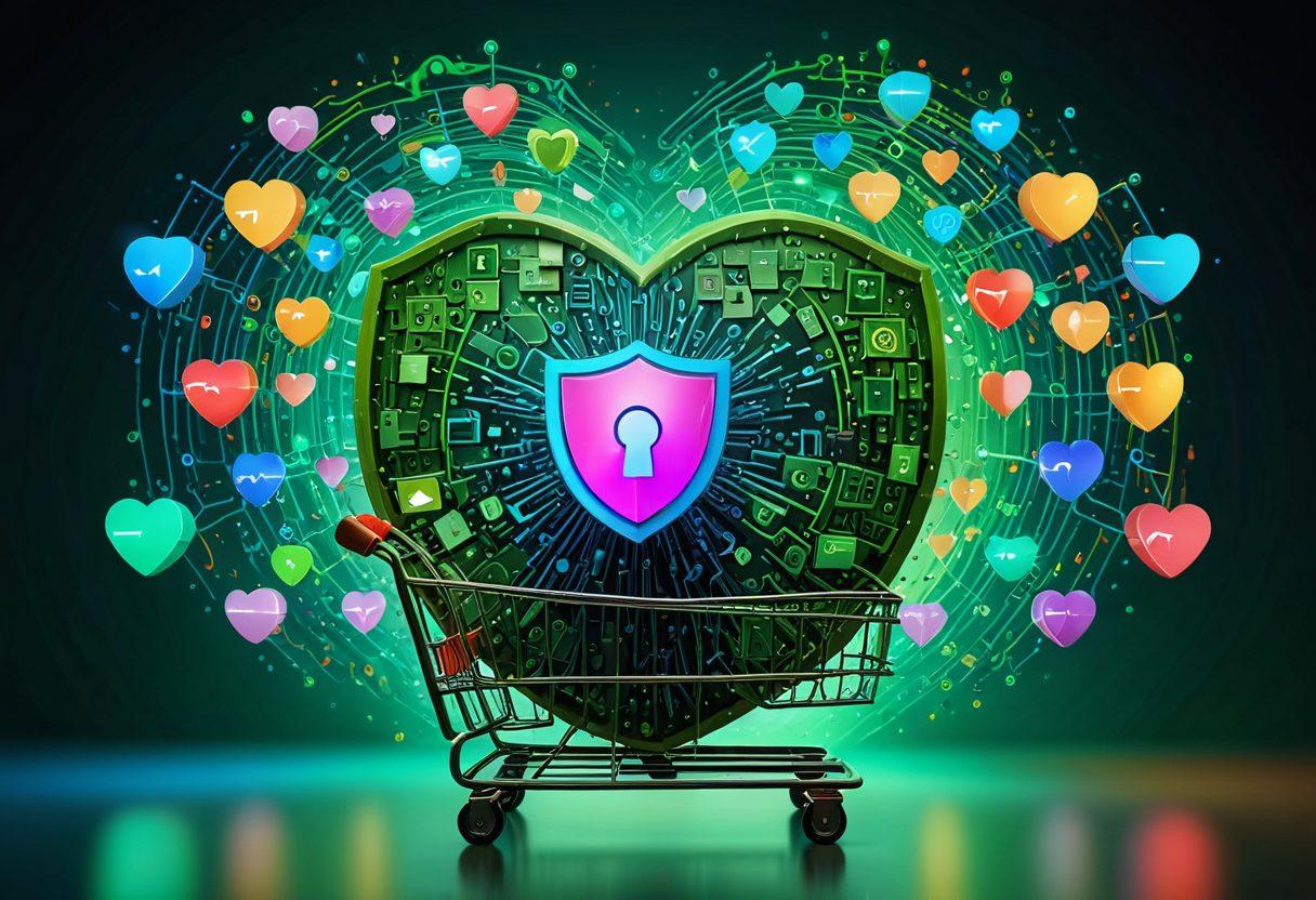 A digital fortress symbolizing cybersecurity, showcasing a layered shield protecting a variety of online shopping carts and heart icons intertwined, surrounded by green locks and binary code rain. The background portrays a serene and inviting e-commerce environment, contrasting with the powerful defense theme. super-realistic. vibrant colors. 3D.