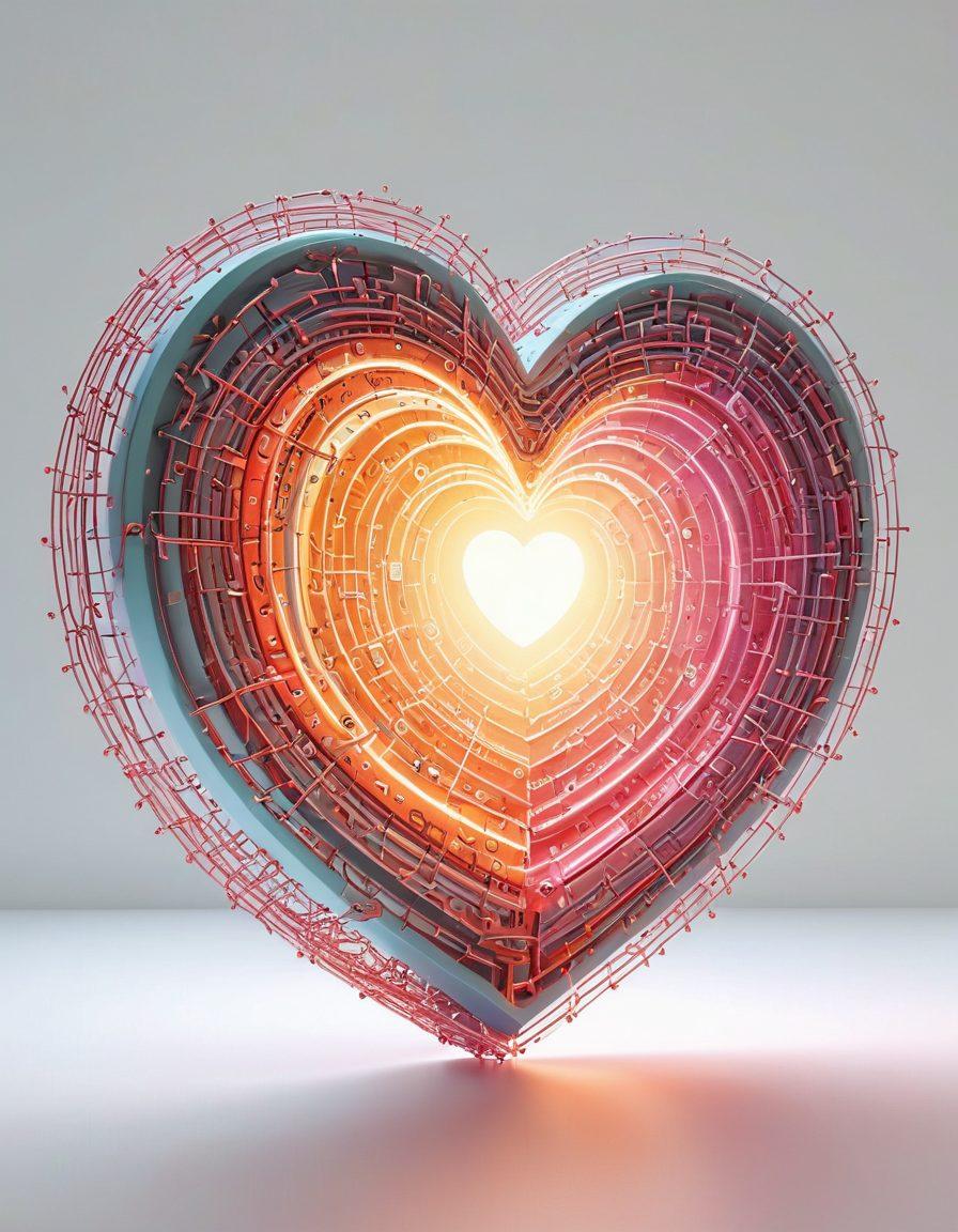 A glowing heart composed of digital code, surrounded by protective shields and locks, symbolizing security in online relationships. Soft pastel colors to evoke warmth and connection, with a subtle background of interconnected networks resembling a digital universe. Elements like emails and chat bubbles subtly incorporated to signify communication. super-realistic. vibrant colors. white background.